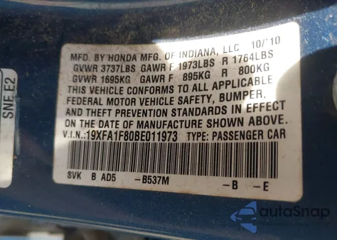 2011 Honda Civic Ex from USA, damaged, VIN 19XFA1F80BE011973